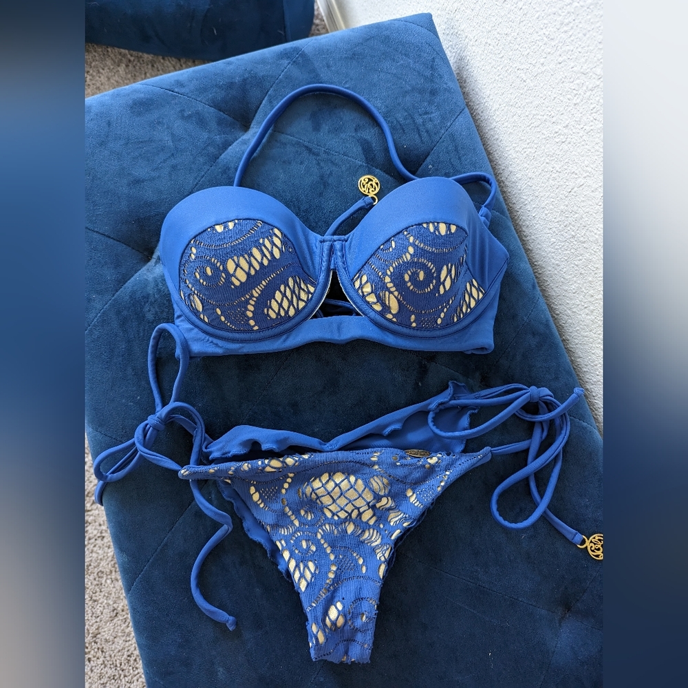Luli Fama Blue Lace Overlay Bikini Set